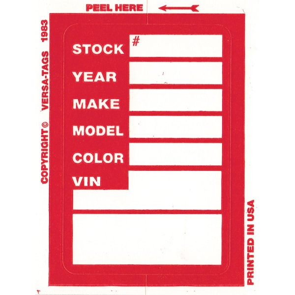 Car Dealer Depot Versa-Tag Kleer-Bak Stock Stickers, 3" X 4", 100 Per Box: Red Pk 422 - main